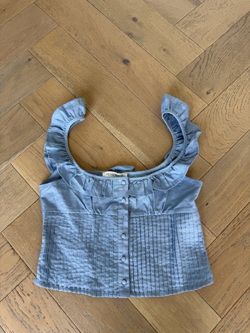 Petal & Pup Blue Ruffle-Trim Pintuck Crop Top